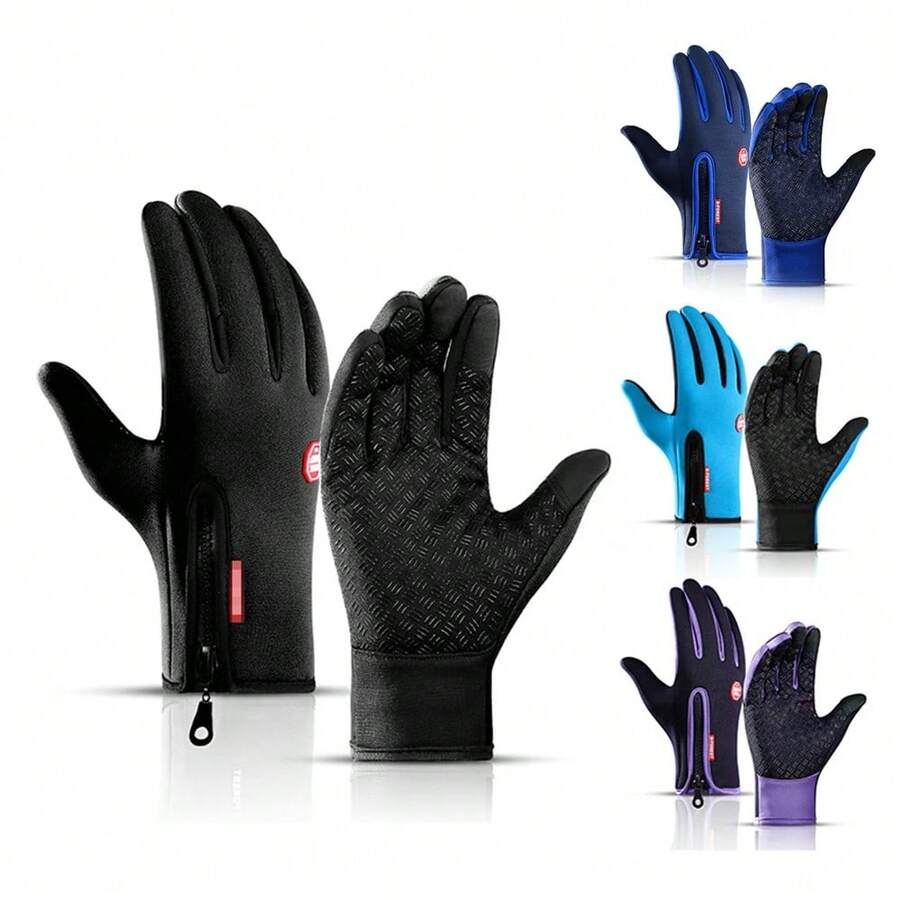 1pc Outdoor Sports Full Finger Gloves, Autumn/Winter Touchscreen Anti-Slip Waterproof Windproof Fleece Warm Ski Hiking Cycling - Multicolor - View 1