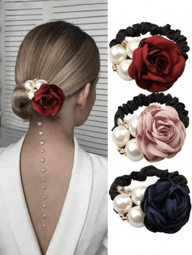 3pcs Rose Flower & Faux Pearl Scrunchies, Korean Fashion Elastic Hair Ties, Boho Style Elegant Hair Accessories For Women And Women, Suitable For Party, Dinner, Photography Ponytail Holders
