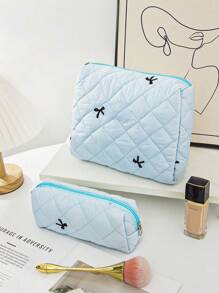 1 Pieza Conjunto de bolsa de maquillaje acolchada con moño, bolsa de cosméticos portátil grande y linda de gran capacidad, organizador de artículos de tocador para viajes, bolsa de maquillaje esponjosa de mano, estuche para productos de cuidado de la piel, esencial para cruceros, necesario para dormitorios, regalo para dama de honor de boda, regalo para mamá, regalo de cumpleaños, regalo para amigos, regalo para maestros, decoración del hogar