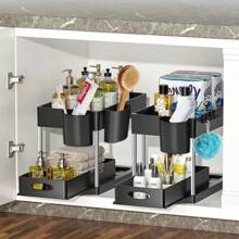 Organizador deslizante de 2 niveles con canastas, bastidor de almacenamiento con ganchos para colgar tazas, organizador de baño y cocina debajo del fregadero
