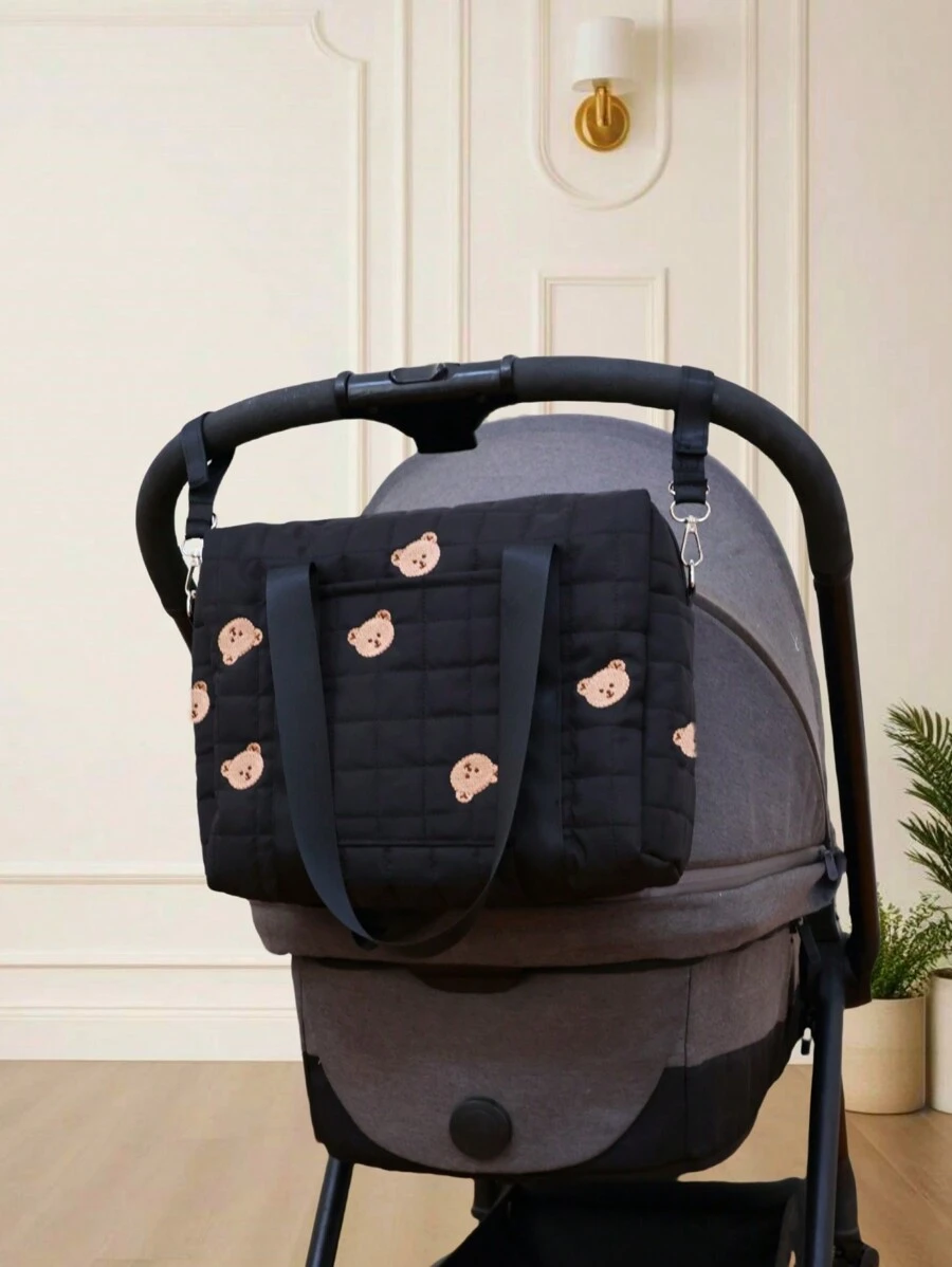 1pc Cute Embroidered Solid Black Mommy Bag With Pockets, Dual Hooks For Stroller, Portable Diaper Bag For Feeding Supplies, Suitable For All Seasons - Black - View 1