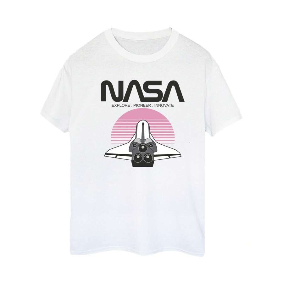NASA تي شيرت نسائي/سيدات بتصميم مكوك فضائي وغروب الشمس من القطن بأسلوب فريند (أبيض) - 153 جرام/م² قطن مغزول حلقي 100% - أبيض - مشاهدة 1