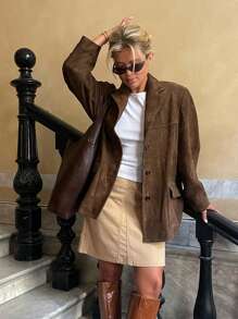 HH 女装秋冬绒面单排扣西装外套女式时尚高街休闲翻领长袖外套 - 銅色 - 查看 1