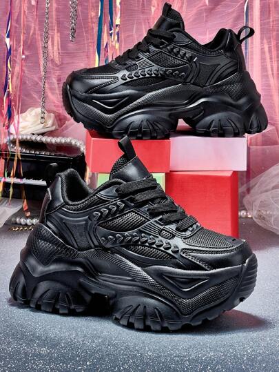 Women's Fashionable Casual Platform Thick Bottom Sneakers, 7cm High Heel Black High Heels, Lightweight Non-Slip Increased Height Shoes, Comfortable Warm Soft Bottom Shock Absorbing Sports Shoes, Suitable For Daily, Dating, Fitness, Office, Black Plus Size Shoes, Skateboard Shoes For Teenagers And College Students