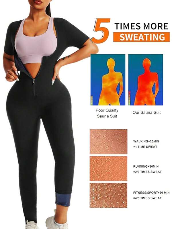 Plus Size Women Spring/Summer New Zipper Short Sleeve Sauna Jumpsuit, Sauna Suit, Yoga Romper, Activewear Jumpsuit, Suitable For Running, Cardio, Yoga, Fitness Sports