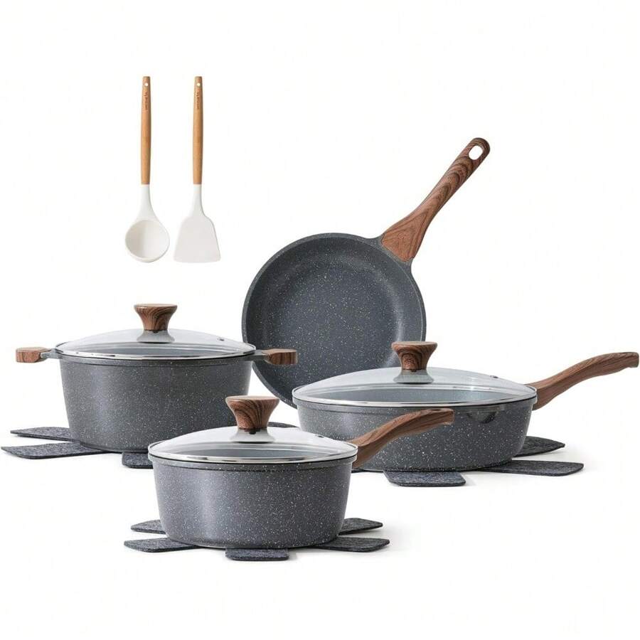 SENSARTE Nonstick Ceramic Cookware Set 13-Piece, Healthy Pots And Pans Set,  Kitchen Cooking Set With Stay-Cool Handles, Silicone Tools And Pot Protectors, PFAS And PFOA Free - Gray - View 1