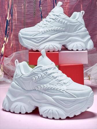 女士时尚休闲厚底运动鞋，7CM高跟白色高跟鞋，轻便防滑增高鞋，舒适保暖软底减震运动鞋，适合日常约会上班办公健身青少年大学生滑板鞋