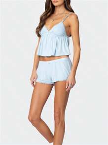 Conjunto de pijama de verano para mujer: shorts sin mangas con cuello en V y ribete de encaje. - Azul - Ver 3