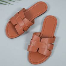 夏季新款编织圆头平底凉鞋，时尚休闲沙滩拖鞋，百搭时尚女士拖鞋 - 棕色 - 查看 1