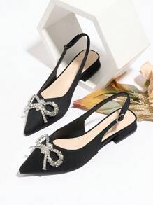 Zapatos de tacón alto de punta fina elegantes para mujer con decoración de cristales, tacones gruesos estables, Top de tela y suela de PU, zapatos formales negros para vestir en verano - Negro - Ver 15