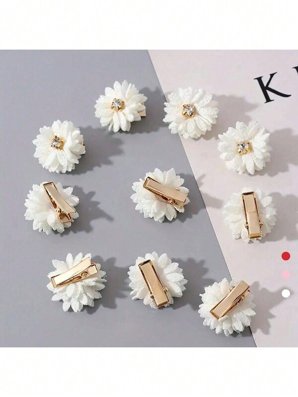 1 pièce/5 pièces/10 pièces Ensemble de pinces à cheveux à fleurs en tissu, coiffe de mariée style chinois, accessoires pour cheveux à fleurs de couleur unie avec centre orné de strass, convenant aux femmes, pour fête, rassemblement, port quotidien, Saint Valentin - blanc, rouge, rose