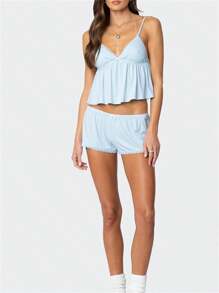 Conjunto de pijama de verano para mujer: shorts sin mangas con cuello en V y ribete de encaje. - Azul - Ver 4