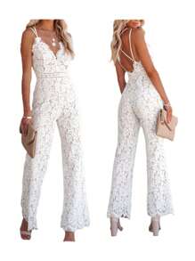 Women Elegant Jumpsuit, Spaghetti Straps V Neck Solid Color Lace Open Back One Piece Wide-Leg Jumpsuits Long Playsuit