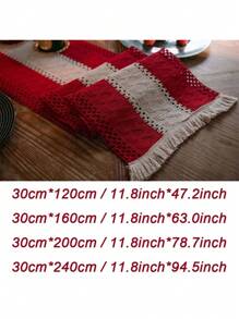 1pcs Cotton And Linen Red Splicing Table Flag Home Two-Color Woven Tassel Tablecloth Natural Material Homestay Pastoral Decoration - Red - View 2