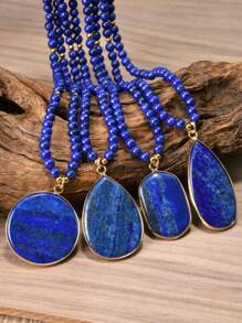 Bohemian Style Lapis Lazuli Pendant Necklace With 4mm Beads Geometric Pendant, Handmade Vintage Women's Jewelry, Perfect Birthday Or Holiday Gift - Multicolor - View 2