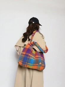 Women's Winter Faux Shearling Simple Color Block Tote Bag, Fashionable Large Capacity Ladies Handbag