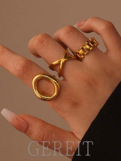 GEREIT Set de 3 anillos de acero inoxidable 316L de 18K con diseño de círculos huecos entrelazados, adecuados para uso diario