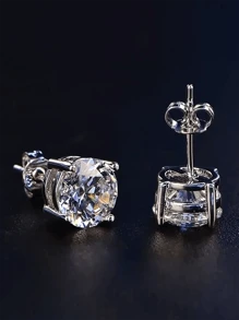 1 Pasang Anting Stud Bulat Klasik Pria dengan Batu Zirkonia Kubik, Tersedia Berbagai Ukuran - Perak - View 1