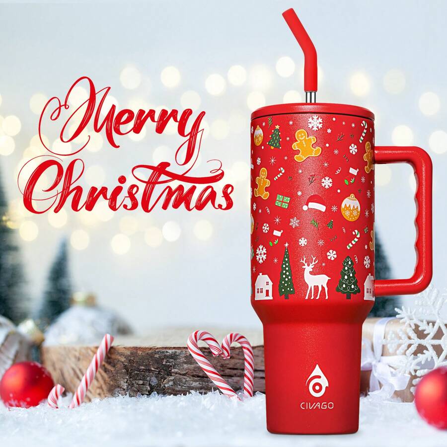 1PCS CIVAGO 40oz Ceramic Lined Travel Tumbler, Premium 18/8 Stainless Steel & 32Hr Cold/Hot Insulated Coffee Mug With Ceramic Interior | Christmas Holiday Gift Set With Metal Straw, Brush & Lid (2024 Limited Red Gingerbread Man Edition) - 紅色 - 查看 1