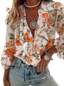 Women Button-Down Ruffle Shirt, Adults Solid Color/Letter/Butterfly/Plant Print V-Neck Long Sleeve Blouse - Orange - View 1