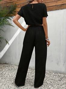 Women's Two Piece Set Solid Color Batwing Sleeve Top And Short Straight Pants - Black - View 2