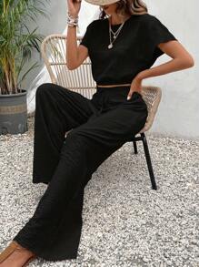 Women's Two Piece Set Solid Color Batwing Sleeve Top And Short Straight Pants - Black - View 4