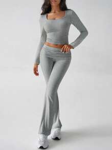 GAOVOT Women's Y2K Style Fitted Sexy Solid Color Square Neck Long Sleeve Top & Flared Pants 2-Piece Sportswear Set, Spring/Summer Casual - Gray - View 7