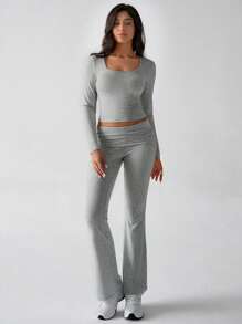 GAOVOT Women's Y2K Style Fitted Sexy Solid Color Square Neck Long Sleeve Top & Flared Pants 2-Piece Sportswear Set, Spring/Summer Casual - Gray - View 4