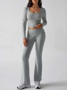 GAOVOT Women's Y2K Style Fitted Sexy Solid Color Square Neck Long Sleeve Top & Flared Pants 2-Piece Sportswear Set, Spring/Summer Casual - Gray - View 3