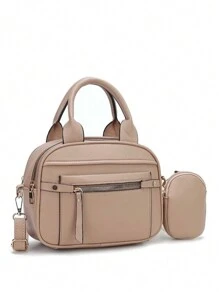 Modern Women's Handbag With Multiple Zippers For Carrying - Khaki - View 1