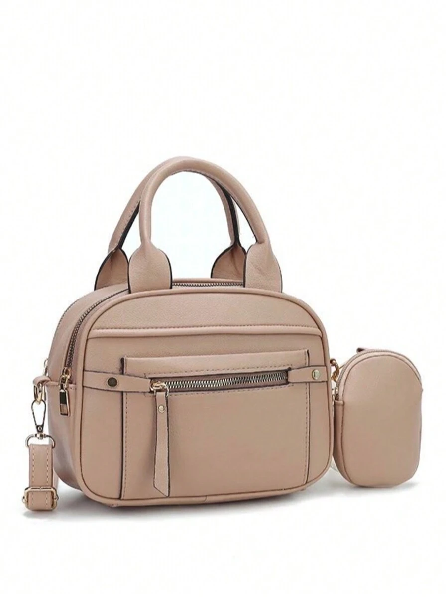 Modern Women's Handbag With Multiple Zippers For Carrying - Khaki - View 1