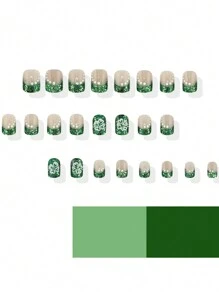 24 stuks korte vierkante groene glitter Franse witte stippen klaver 4-bladige opdrukbare herbruikbare nagelkunstset nagels