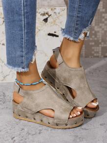 Sandalias de mujer para verano de nuevo diseño, con unicolor, remaches huecos, suela gruesa con cierre de gancho y bucle, diseño versátil y cómodo para uso casual
