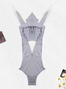 Ning xue yan ying 2 Pieces Set Of Women's Grey Cosplay Rabbit Costume,Rabbit Ear Hat&Plush Tail ,Easter,Sexy Backless Bodysuit Lingerie (Including Stockings)
