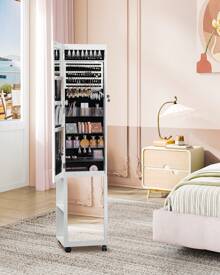 Hzuaneri Armario Joyero 8 LEDs, Organizador de pie para joyas con 1 perchero, Espejo de cuerpo entero con cerradura y 4 ruedas, Estantes de almacenamiento de 3 niveles