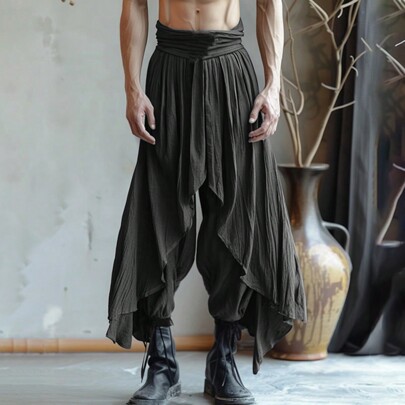 Fashion Men Elastic Waist Ruffles Casual Loose Wide Leg Trousers Bottoms Holiday Party Palazzo Culotte Long Pants