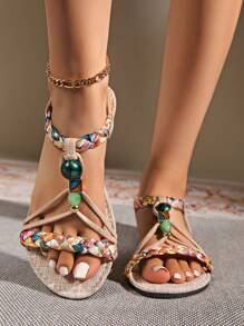 Plus Size Bohemian Sandals, Handmade Beaded Woven Retro Roman Beach Shoes For Women - Dark Green - View 3