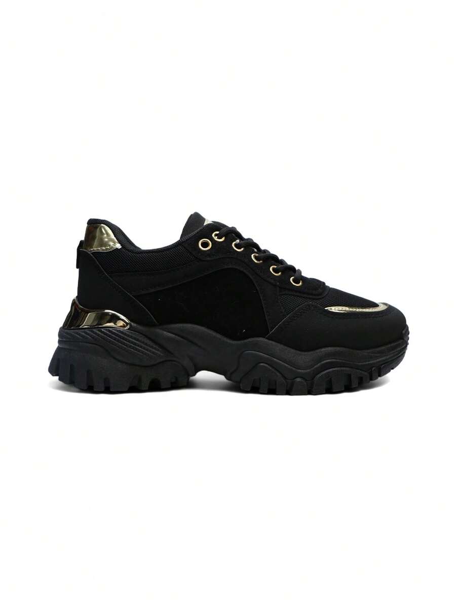 Heavy Metal Style Breathable Patchwork Casual Running Thick Sole Sneakers - Black - View 1