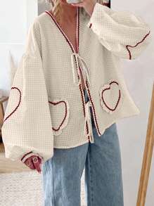 Women Long Sleeve Shirts Heart Embroidery Plaid Front Bowknot Tie-Up Blouses Fashion Spring Summer Casual Tops - Màu Khaki - Xem 3