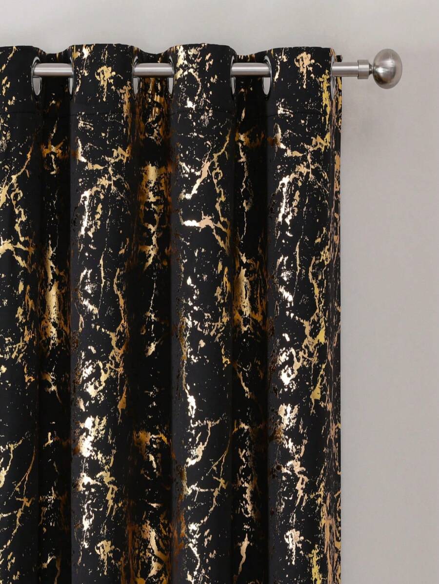 1pc/Set High Precision Gold-Plated Curtain With Baroque Pattern, Suitable For Living Room/Bedroom/Balcony/Hotel/Office/Bar/Outdoor Queue, Top Grommet Style Curtain, Easy Installation - Black Gold - View 1