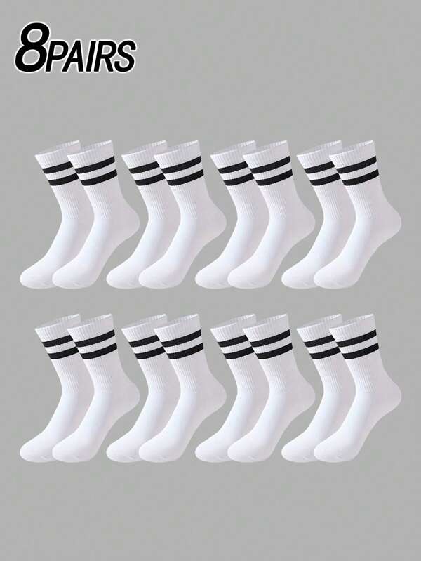 8 Pairs Men's Crew Socks With White Stripe, Minimalist, Fashion, Versatile, Soft, Comfortable, Moisture-Wicking