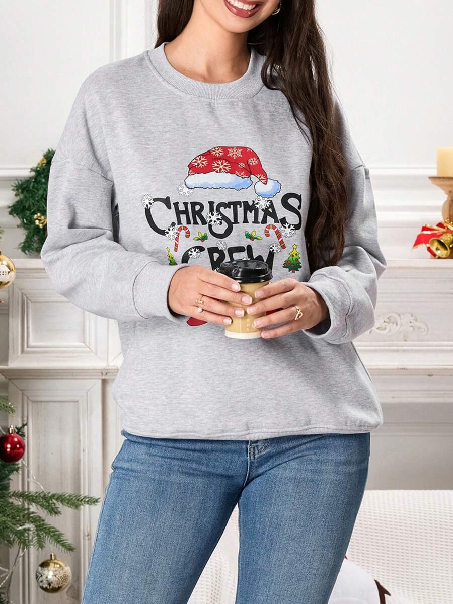 Women's Christmas Sweatshirt Long Sleeve Crewneck Letter Santa Hat Print Pullover - Grey - View 1