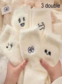 3 Paar weiße Socken für Frauen, warme Plüsch-Thermosocken mit süßen bestickten, witzigen Ausdrücken, zufälliger Stil, Herbst/Winter