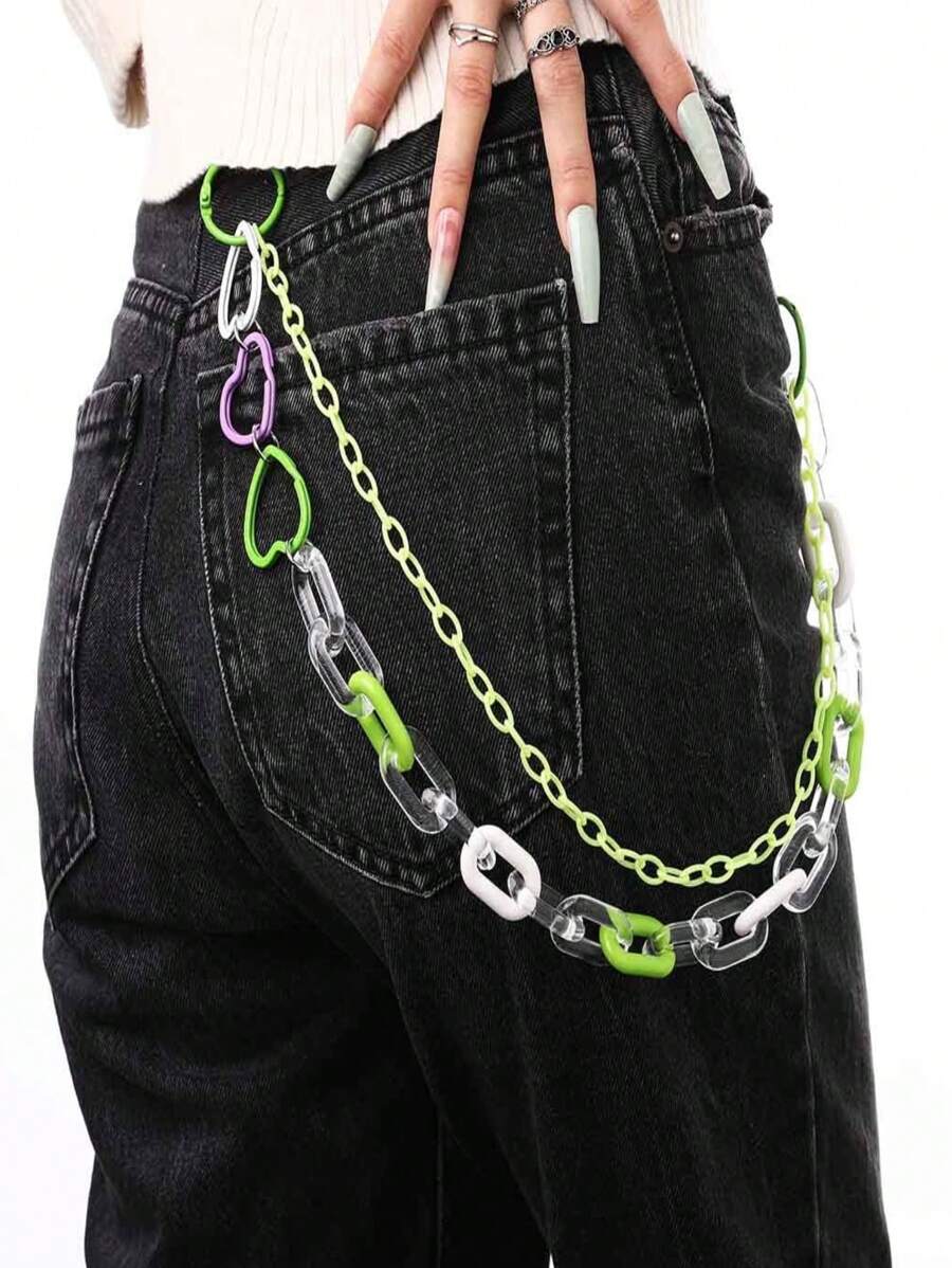 Cute Pants S Chain Layered Keychain Punk Colored Pendant Heart Pocket Pants Chain Hip Hop Rock Wallet Chain Men's And Women's Body Jewelry, Summer, School Fall, Autumn, Halloween - Multicolor - View 1