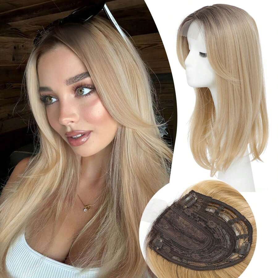 Megito Hair Topper 18 Inch Hair Toppers For Women With Thinning Hair Long Layered 6.5"X6.5" Synthetic Toppers Hair Pieces For Women Fiber Wiglets Ladies(3 Tone Blonde) - Ombre Blonde with Dark Root - 查看 1