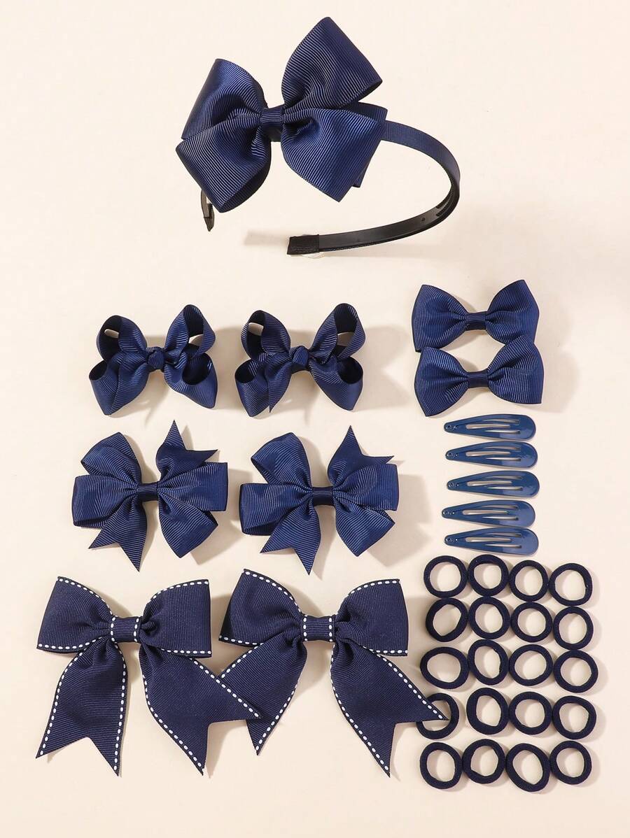 bilicaca 34pcs Girls Hair Accessories Set, Side Clip & Headband Hair Decor, Campus Style - Navy Blue - View 1