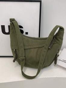 Fashionable Yellow Nylon Waterproof Shoulder Bag With Simple & Casual College Style, Wide Strap, Multiple Zipper Design Suitable For Students, Shopping, Daily Use, Shoulder Bag For School - 綠色 - 查看 3