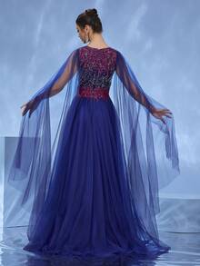DELLA COUTURE Navy Blue Mesh Evening Dress With Long Fluttering Sleeves To Show Modest Elegant, Beaded Decorations To Add Charm, Sexy V-Neck Exquisite Fashion, Women's Slim Body Highlighting The Figure, Suitable For Parties, Dinners, Weddings And Other Formal Occasions, As Beach Outfits For Woman In The Seaside Vacation Wear Is Also Outstanding, Large Swing Long Cocktail Heavy Dresses To Meet The Needs Of The Prom Guests, Party Dress - Royal Blue - View 6