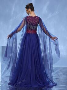 DELLA COUTURE Robe de soirée en maille bleu marine avec des manches longues et volantes pour un look élégant et modeste. Décorations perlées pour ajouter du charme. Encolure en V sexy et exquise. Met en valeur la silhouette féminine. Convient aux soirées, dîners, mariages et autres occasions formelles. Peut également être portée comme tenue de plage pour les vacances au bord de . Grande robe de cocktail longue et ample pour répondre aux besoins des invités au bal de promo, robe de fête