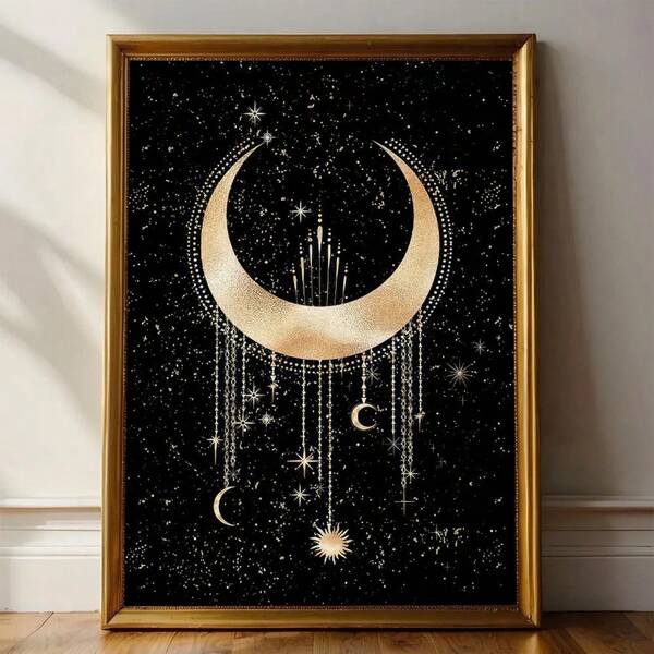 1 pieza, Arte de pared de luna creciente dorada, decoración de arte con hoja de oro de luna vibrante y de moda, estilo bohemio estético, póster de estilo gótico vintage oscuro, pintura en lienzo minimalista, adecuado para decoración del hogar, carrito de bar, café, patio, regalo de cumpleaños, sala de estar, dormitorio, oficina en casa, cocina, baño, el regalo perfecto para tus amigos, regalo de decoración de pared 20*28 pulgadas, sin marco
